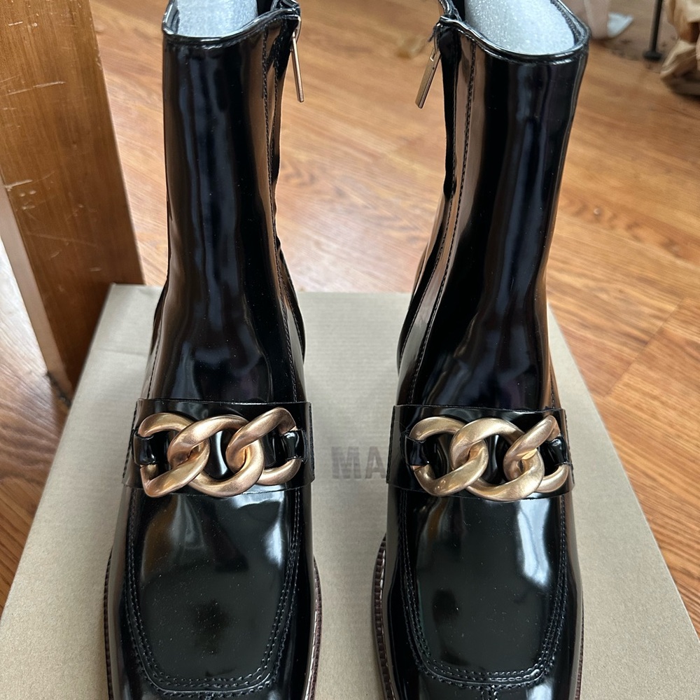 Steve Madden Black Patent Boots with Gold Chain Detail